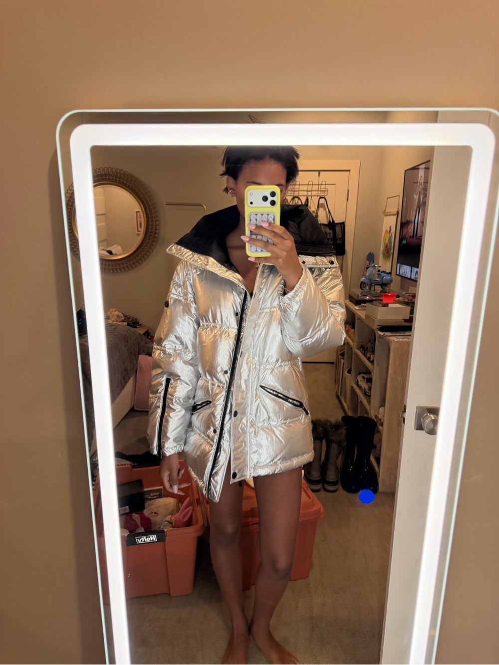 BCBGMaxAzria Metallic Silver Puffer Coat with Black Trim